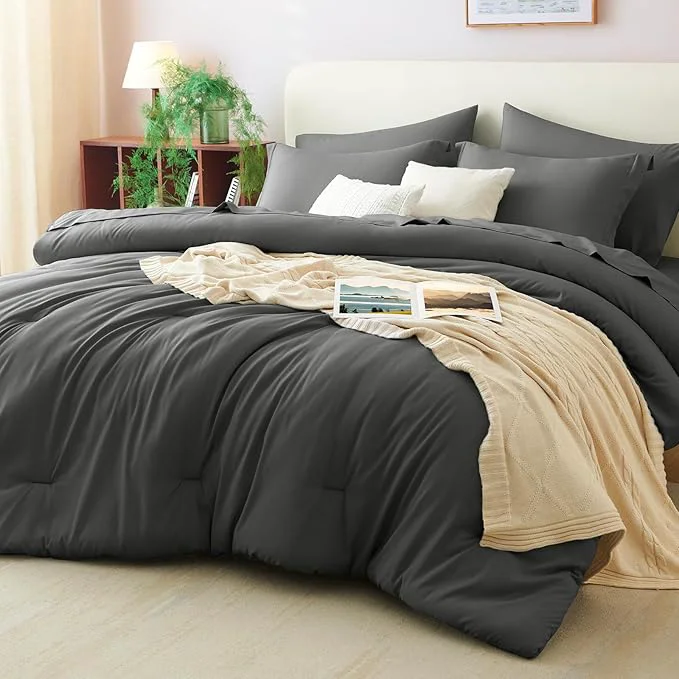 Trendy CozyLux Oversized King Comforter Set Dark Grey 7 Pieces Bed in a Bag Comforter Sustainable