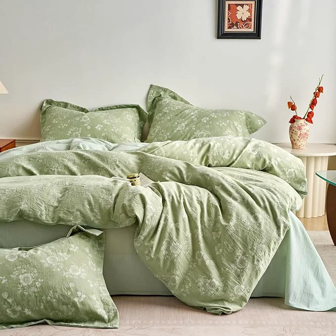 Versatile mixinni Washed Cotton Cover Set Reversible Vintage Green Floral Butterfly Exclusive