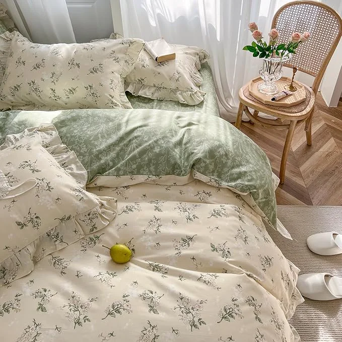 Certified MKXI Botanical Floral Duvet Cover Full Beige Girls Floral Ruffled Bedding Set Green