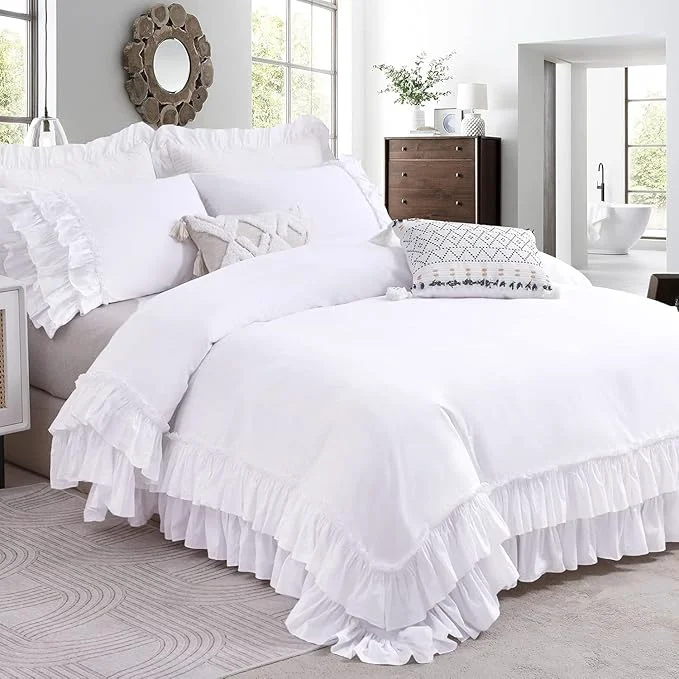 Refined QSH Ruffle White Duvet Cover California King Size- Washed Cotton Shabby Environmentally Friendly