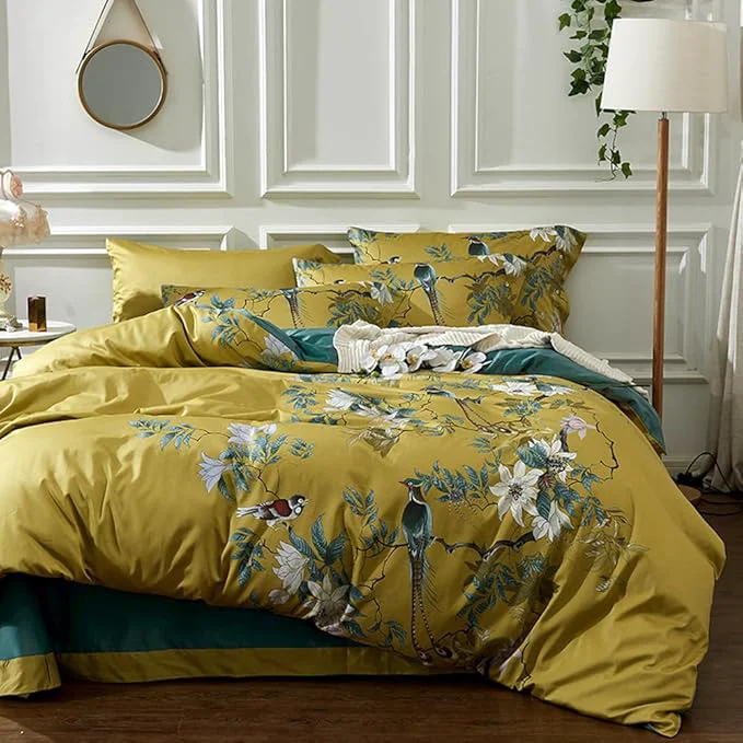 Quality mixinni Floral Duvet Cover Set Full Soft Cotton White Flowers Birds Bedding Elegant