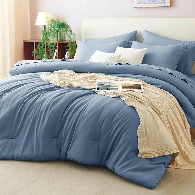 Breathable CozyLux Oversized Queen Comforter Set Grayish Blue 7 Pieces Bed in a Bag Professional