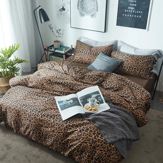Natural mixinni Leopard Print Duvet Cover King Size Long Staple Cotton Bedding Set Contemporary