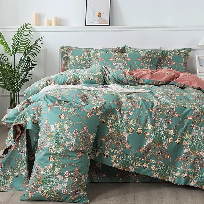 Original Design FADFAY Floral Duvet Cover Queen Button Closure Cotton 600 TC Teal Exclusive