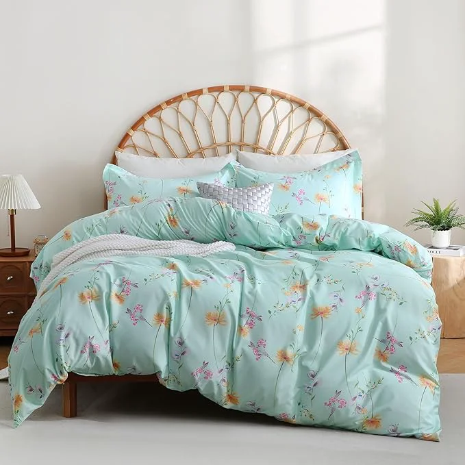 Specialty JSD Green Floral Duvet Cover Set King Size 3 Piece Botanical Printed High-Performance