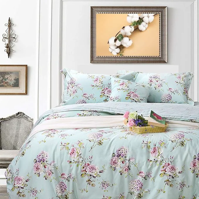 Modern FADFAY Cotton Duvet Cover Set Full Size Blue Floral Bedding Set Super Soft Consistent