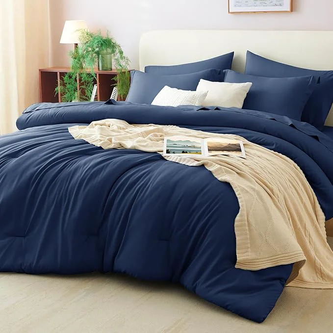 Professional CozyLux King Size Comforter Set Navy Blue 7 Pieces Bed in a Bag King Comforter Innovative