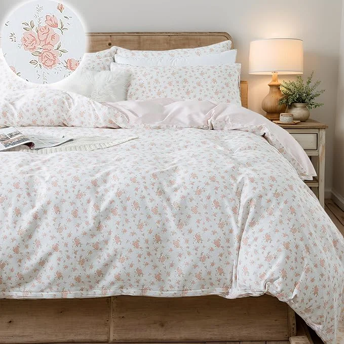 High-Performance FADFAY Full Duvet Cover Set Pink Floral Comforter Cover Cotton Girls Pink Reliable