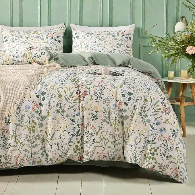 Original Design MKXI Twin Size Wildflower Duvet Cover Set Sage Green Spring Floral Bedding Contemporary