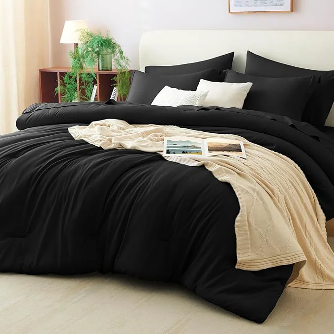 Solid CozyLux Oversized King Comforter Set Black 7 Pieces Bed in a Bag Comforter Set Green