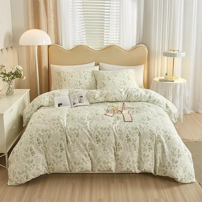 Eco-Friendly mixinni 3pcs Girls Boho Green Floral Duvet Cover Set King Size Cotton Soft Fine