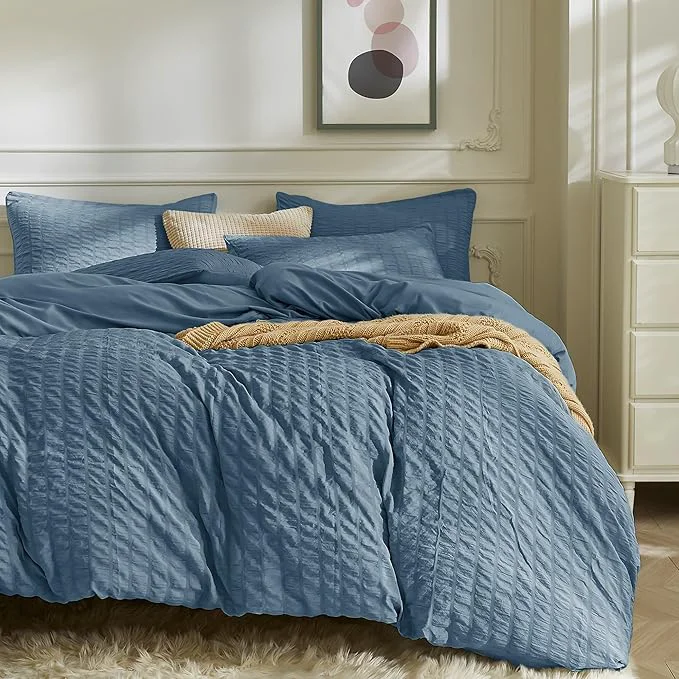 Traditional JELLYMONI Sierra Blue Duvet Cover King Size Soft Breathable Seersucker Duvet Reusable