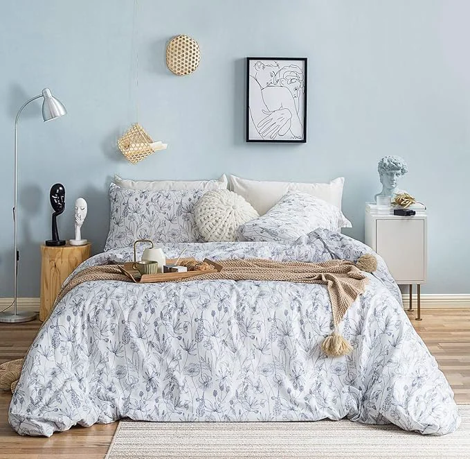 Functional SUSYBAO Blue White Floral Duvet Cover Queen Cotton 3 Pcs Set 1 Garden Navy Easy-to-Use