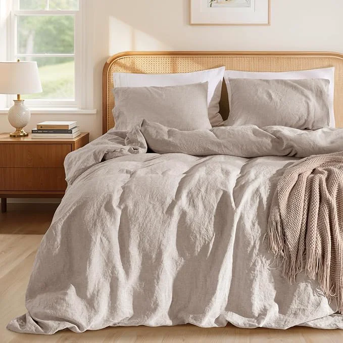 Soft LBRO2M France Linen Duvet Cover Set Cal King Size 3 Pcs Natural Flax User-Friendly