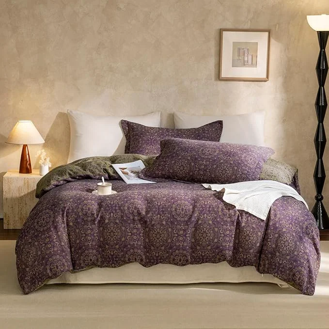 Breathable mixinni Purple Green Floral Duvet Cover King Size Elegant Double-Layer Yarn Relaxed
