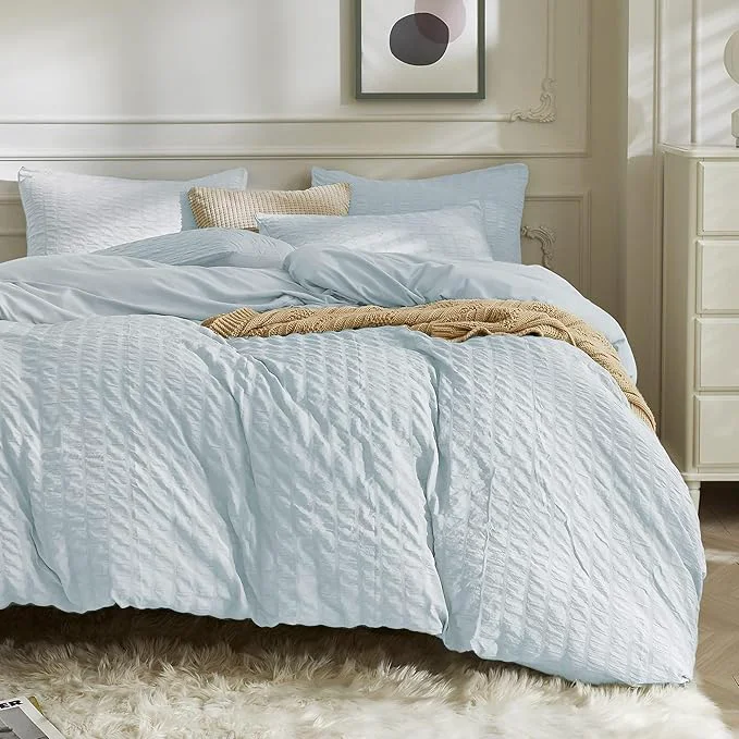 Traditional JELLYMONI Baby Blue Duvet Cover Queen Size Soft Breathable Seersucker Duvet Relaxed