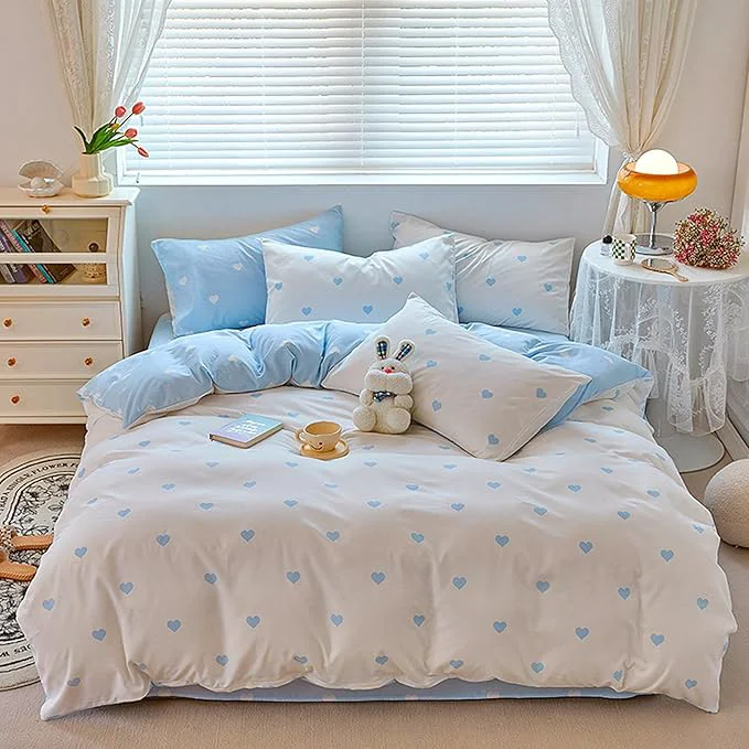 Classic BOLINLIVING Cute Duvet Cover Full Size Reversible Light Blue White Heart Pure