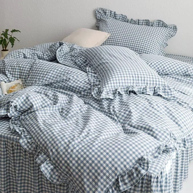Exceptional MKXI Blue and White Gingham Duvet Cover King Size 3-Piece Bedding Set Contemporary