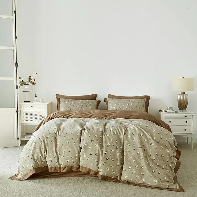 Pure SUSYBAO Decorative Floral Duvet Cover King Cotton 3 Pcs Set 1 Khaki White Casual