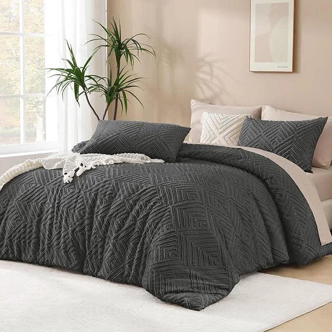 Contemporary Andency Dark Grey Comforter Set King Size 3 Pieces Gray Boho Bedding Set Minimalist