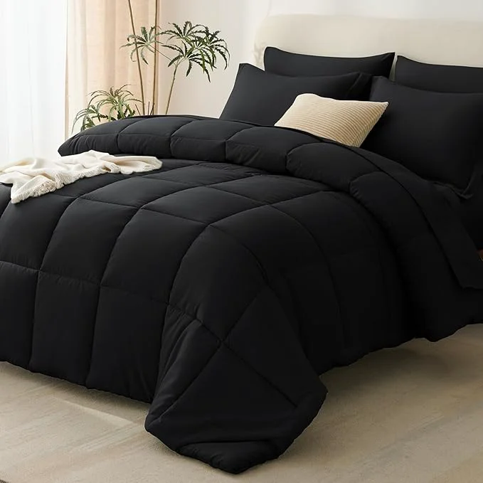 Environmentally Friendly CozyLux Oversized Queen Comforter Sets Black 7 Pieces Bed in a Bag 98×98 Box Top-Quality