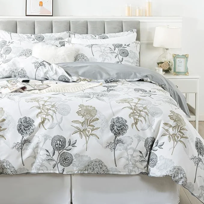 Verified FADFAY Floral Duvet Cover Sets Full Size Cotton Ink Grey Vintage Flower Durable