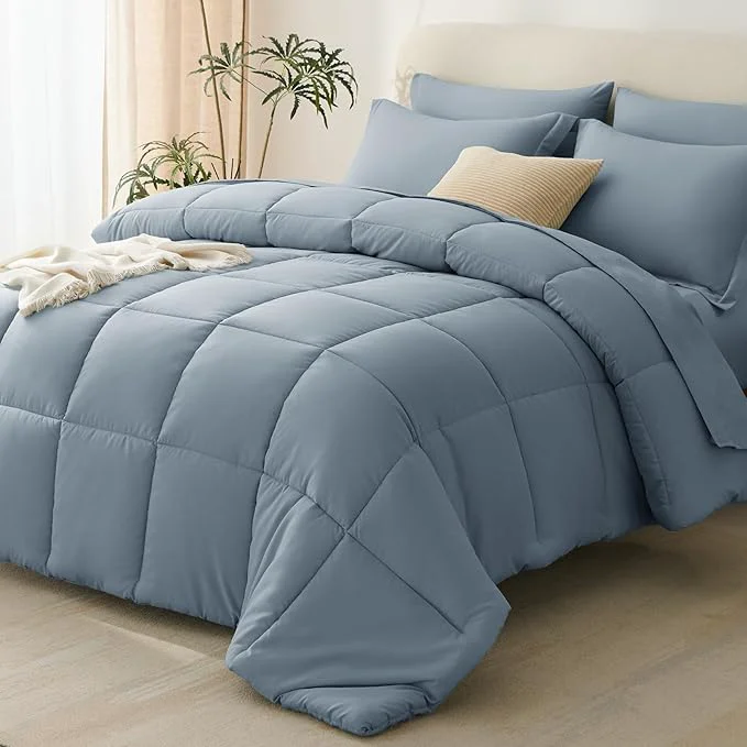 Casual CozyLux Queen Comforter Set Grayish Blue 7 Pieces Bed in a Bag Queen All Reliable