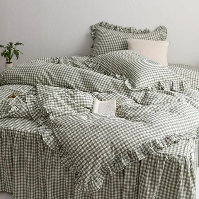 First-Class MKXI Sage Green Gingham Duvet Cover Twin 3-Piece Ruffled Bedding Set Convenient