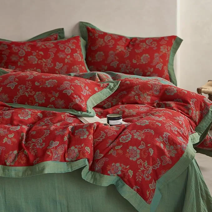 Prestigious mixinni Exquisite Vintage Red Floral Duvet Cover Queen Size Yarn-Dyed Jacquard Premium