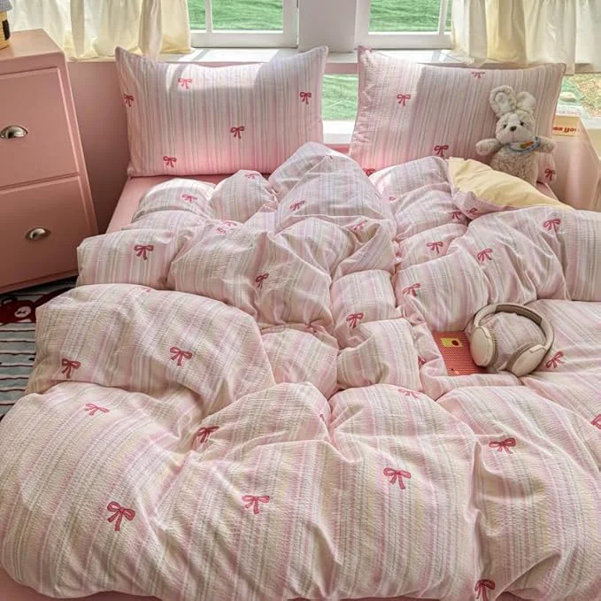 Powerful BOLINLIVING Pink Bow Duvet Cover Queen Size Girls Cute Striped Bowknot Yellow Innovative