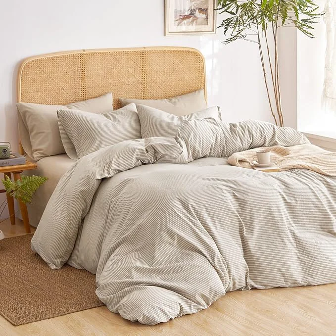 Elegant Wake In Cloud – Striped Cotton Duvet Cover Set Washed Cotton Textured Advanced