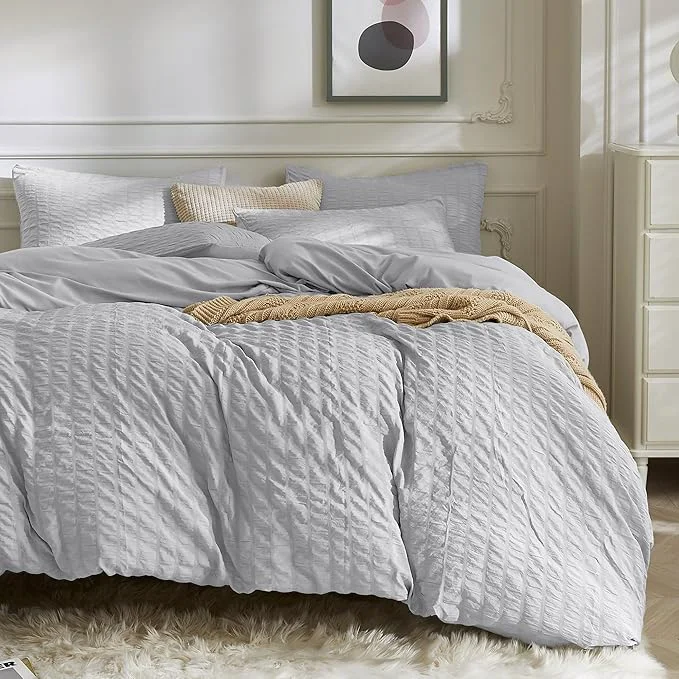 Convenient JELLYMONI Light Grey Duvet Cover Full Size Soft Breathable Seersucker Duvet Effective