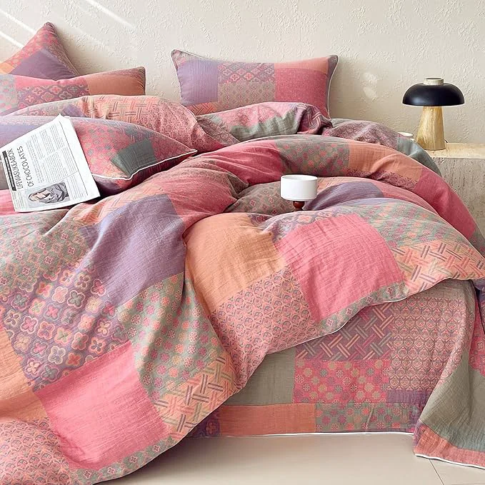 Detailed mixinni Cotton Double Layer Yarn Duvet Cover Set Vintage Patchwork Floral Refined