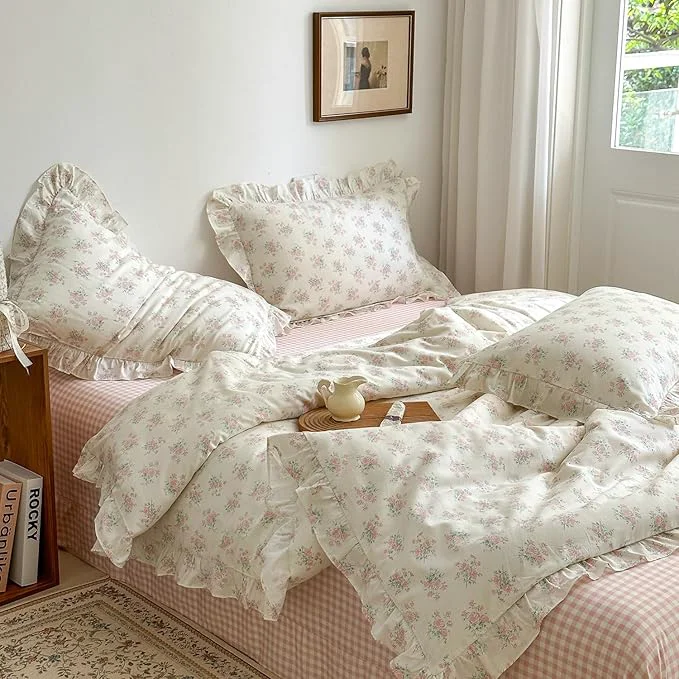 Top-Quality MKXI Floral Duvet Cover Set for Girls Cotton Ruffled Bedding Refined