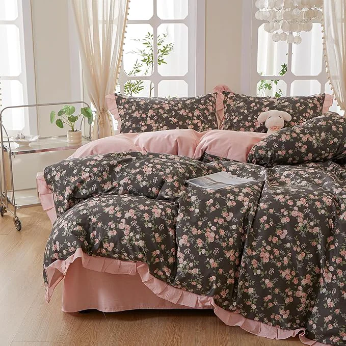 Solid mixinni Vintage Floral Duvet Cover Set Twin XL Size – Cotton Ruffle Lace Eco-Friendly
