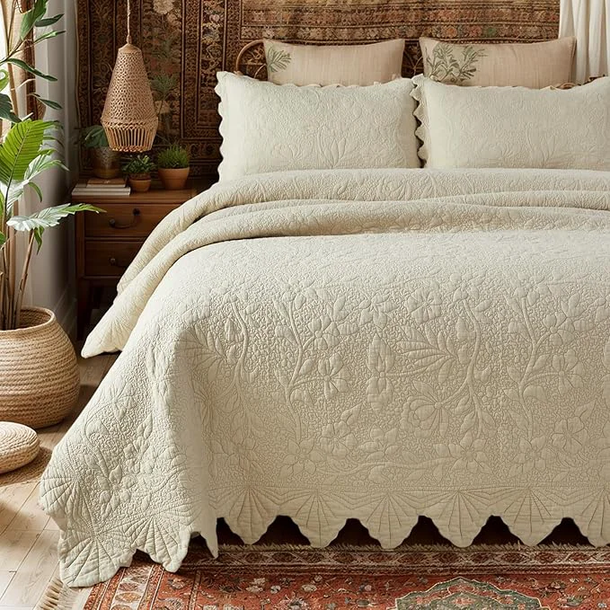 Detailed Brandream Queen Size Quilt Set Cotton Beige Quilts Luxury Farmhouse Bedding Set Powerful