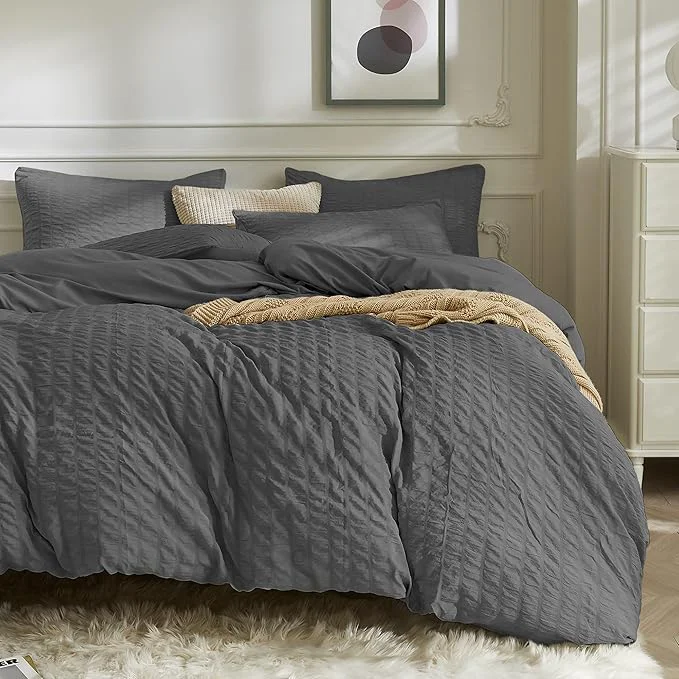 Comfortable JELLYMONI Charcoal Grey Duvet Cover Full Size Soft Breathable Seersucker Duvet Refined