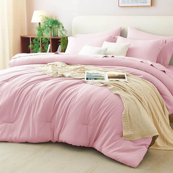 Traditional CozyLux Queen Comforter Set Pink 7 Pieces Bed in a Bag Queen Comforter Set Outstanding