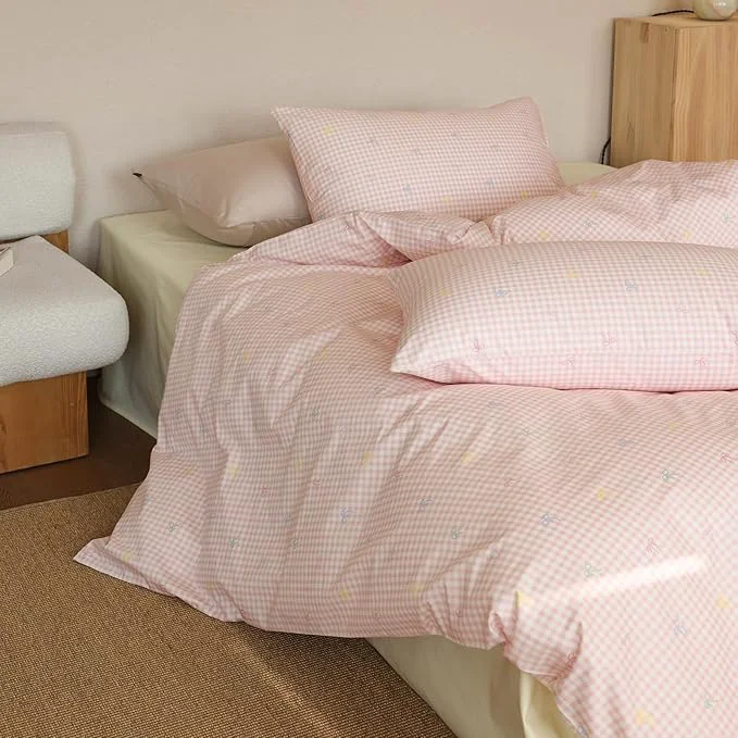 Sustainable mixinni Gingham Duvet Cover King Size Cotton Light Pink and White Gingham Pure