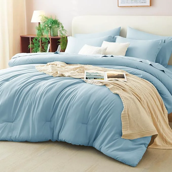 Elegant CozyLux King Size Comforter Set Light Blue 7 Pieces Bed in a Bag King Consistent