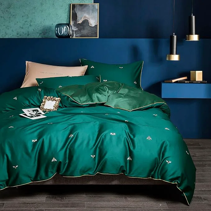 Stylish mixinni Dark Green Duvet Cover Queen Size Long Staple Cotton Honeybee Minimalist