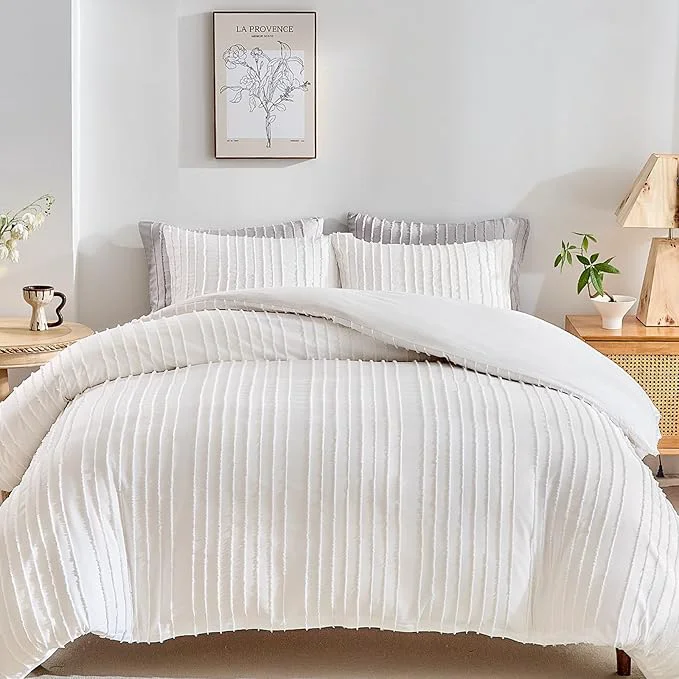 Traditional WARMDERN White Boho Duvet Cover Set King Size Striped Textured Duvet Cover Unique