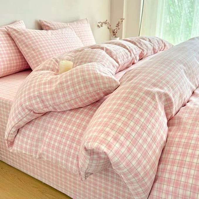 Verified PinkMemory Pink Plaid Duvet Cover Set King Washed Cotton Cute Pink Checked Green