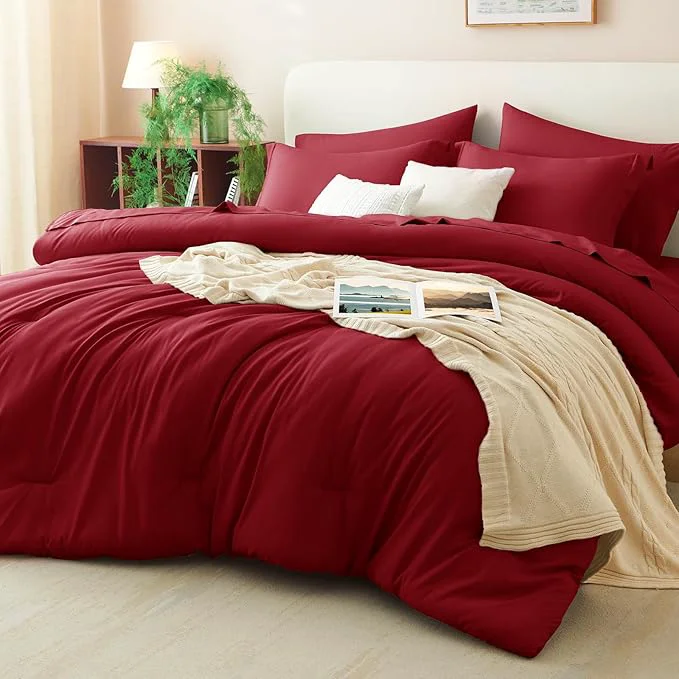 Easy-to-Use CozyLux King Size Comforter Set Dark Red 7 Pieces Bed in a Bag King Comforter Quality
