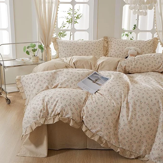 Fashionable mixinni Beige Floral Duvet Cover Twin XL Size Cotton Cute Strawberry Professional