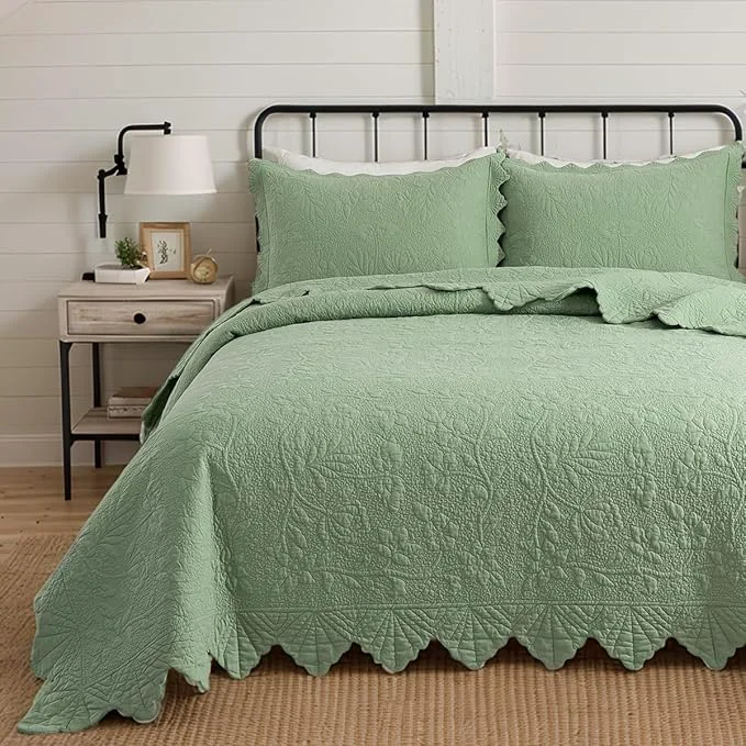 Smart Brandream Luxury King Quilt Set Cotton Sage Green Floral Vine Stitching Outstanding
