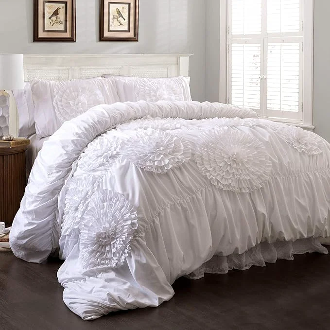 Expertly Made Lush Décor Serena 3 Piece Ruched Flower Comforter Set Premium Material