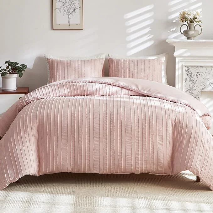 Effective WARMDERN Pink Boho Duvet Cover King Size Striped Textured Duvet Cover Set Trendy