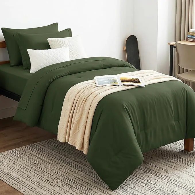 Advanced CozyLux Twin Comforter Set Olive Green 5 Pieces Bed in a Bag Twin Comforter Set Refined