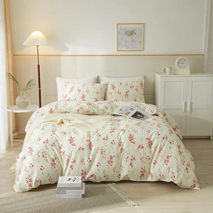 User-Friendly mixinni Boho Red Floral Girl Duvet Cover Set Soft Cotton King Size 3-Piece Fine